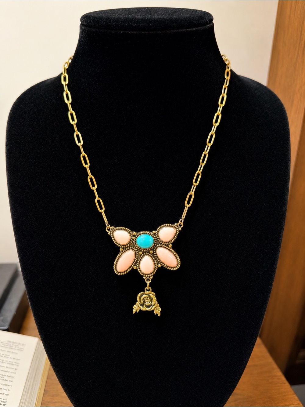Genuine Pink Conc & Turquoise Floral Pendant Statement Copper Necklace